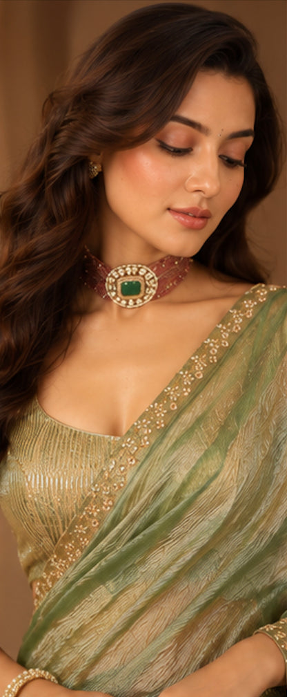 Sage Green with Antique Gold Crush Tissue Saree