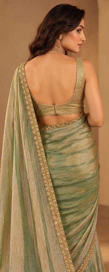 Sage Green with Antique Gold Crush Tissue Saree