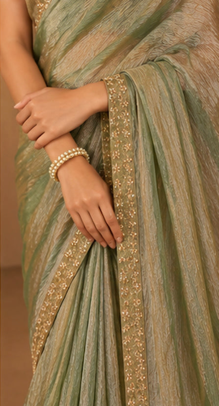 Sage Green with Antique Gold Crush Tissue Saree