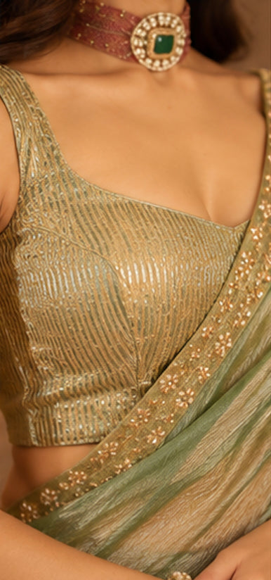 Sage Green with Antique Gold Crush Tissue Saree