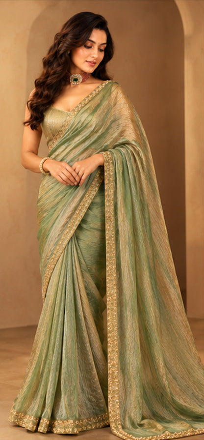 Sage Green with Antique Gold Crush Tissue Saree