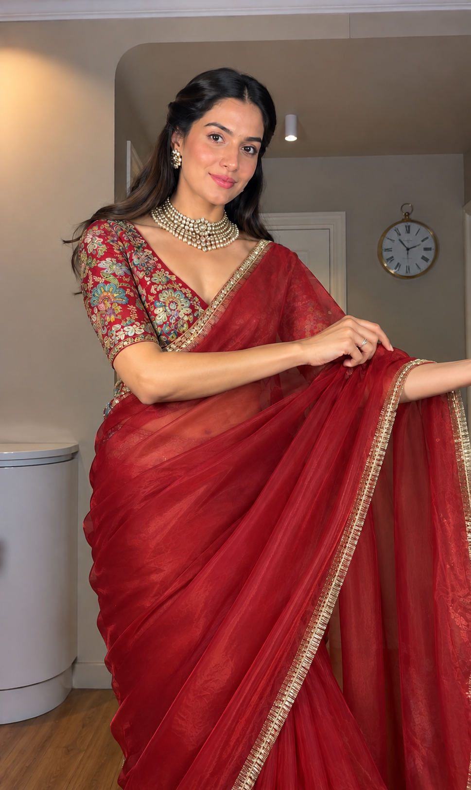 Chocolate Brown with Antique Gold Tissue Polka Saree