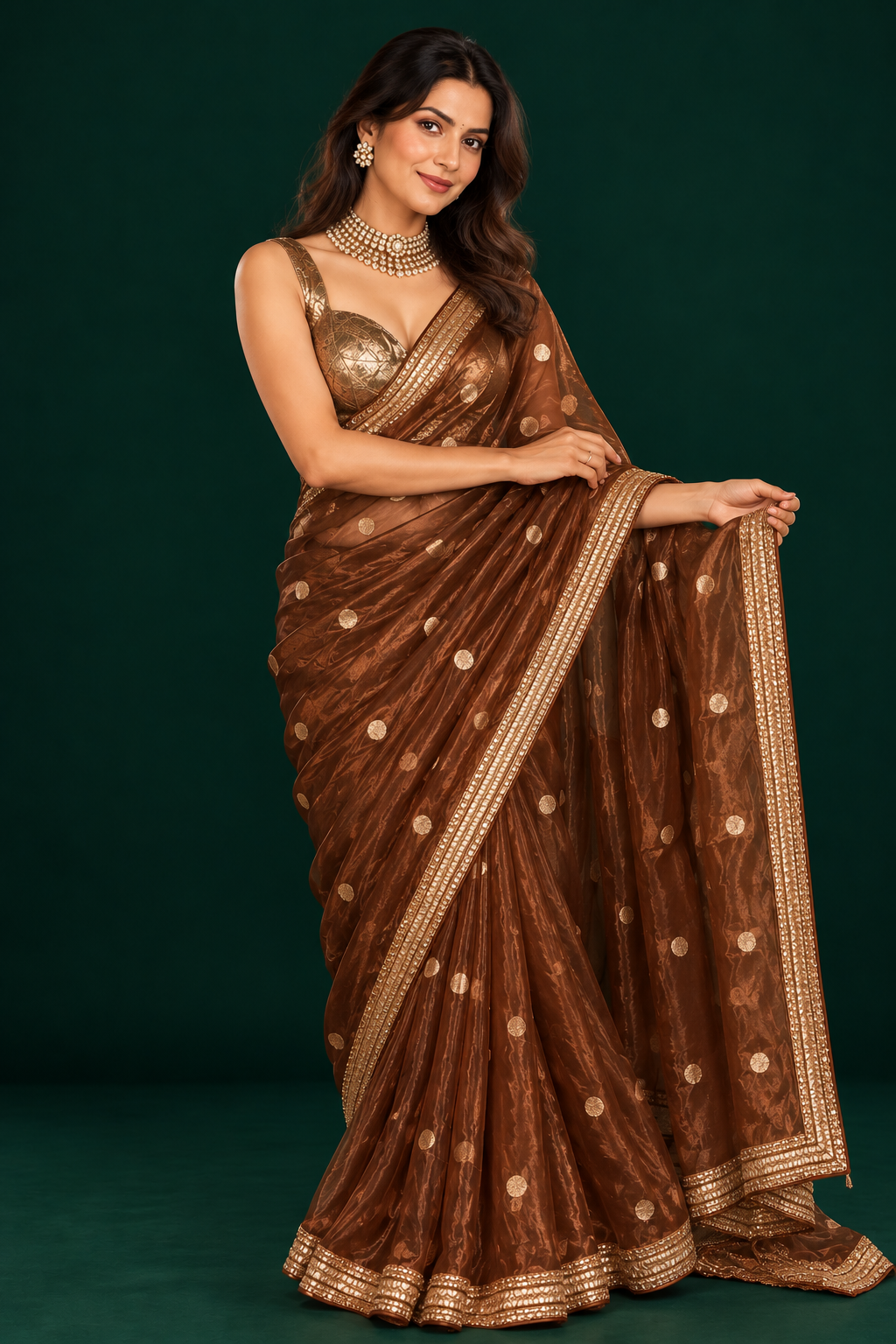 Chocolate Brown with Antique Gold Tissue Polka Saree