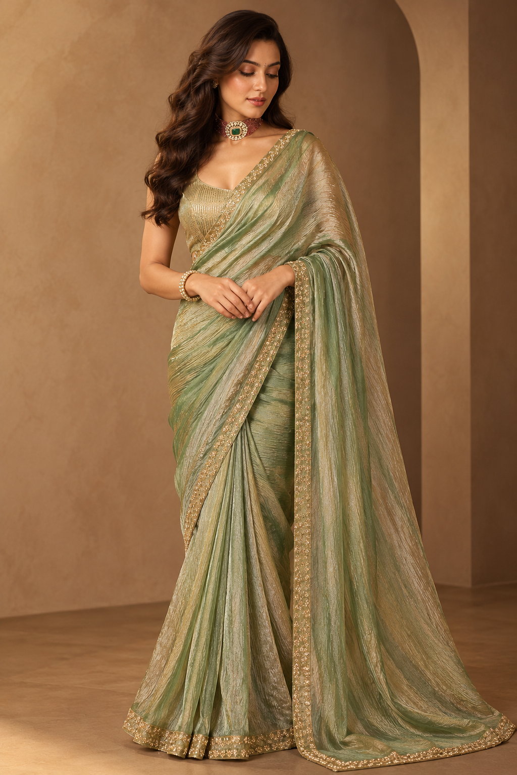 Chocolate Brown with Antique Gold Tissue Polka Saree