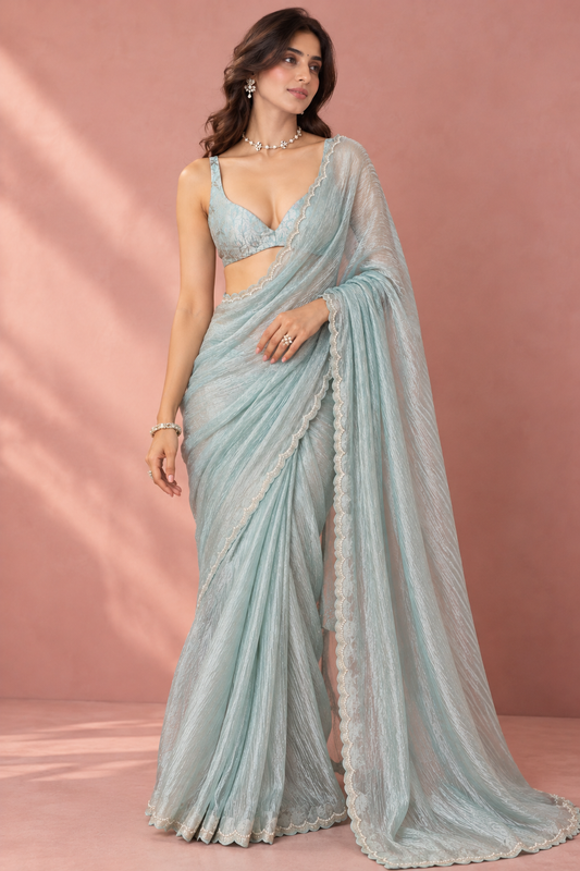 Ice Blue Crush Tissue Saree