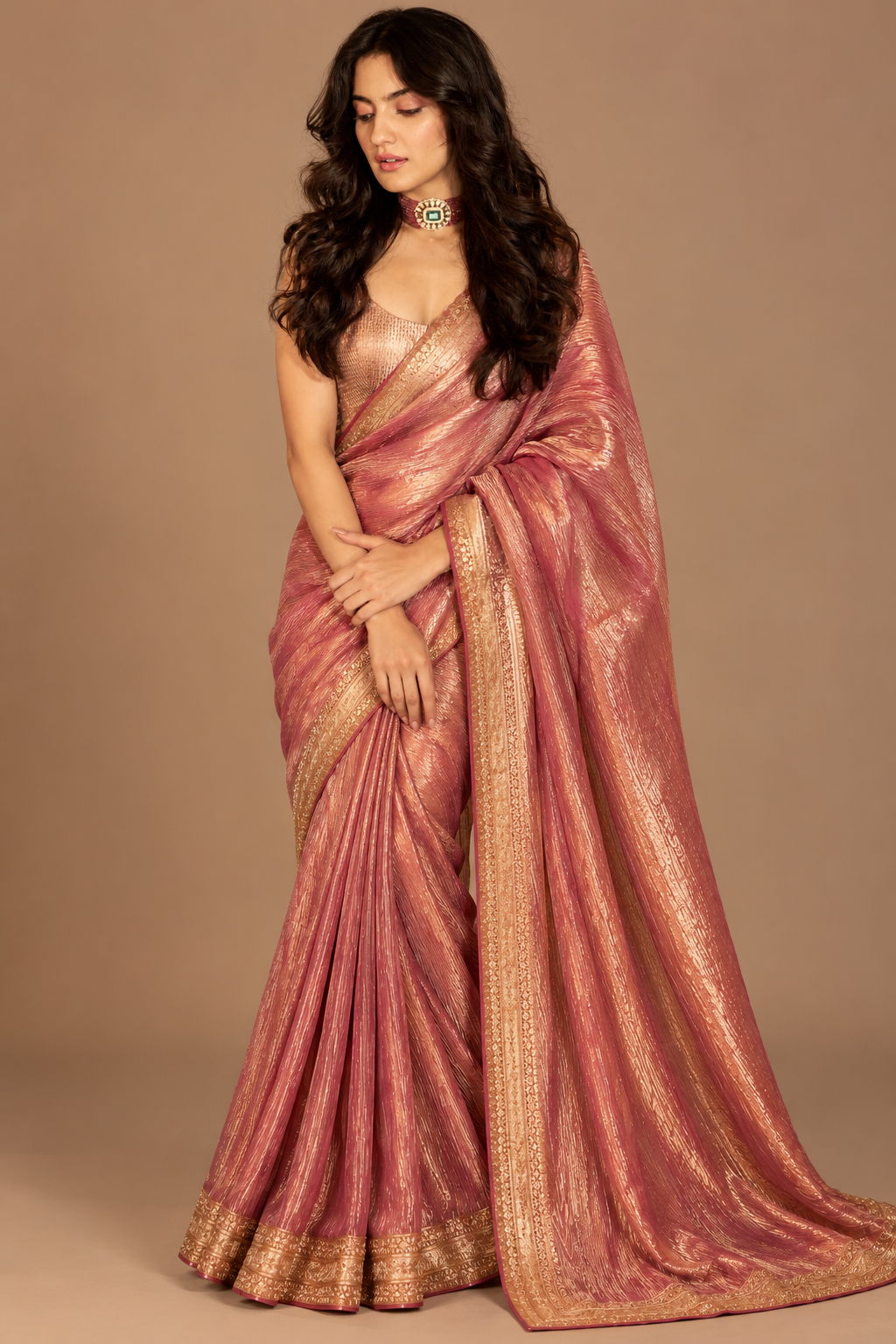 Rosewood Pink Crush Tissue Saree
